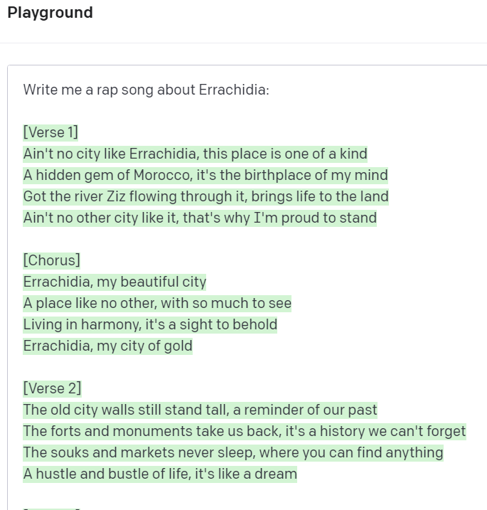 marouane53's tweet photo. OpenAI just updated their model to Davinci003 and it's mind blowing. 

This song about Errachidia my hometown, slaps. https://t.co/vGXhEgg3Tr