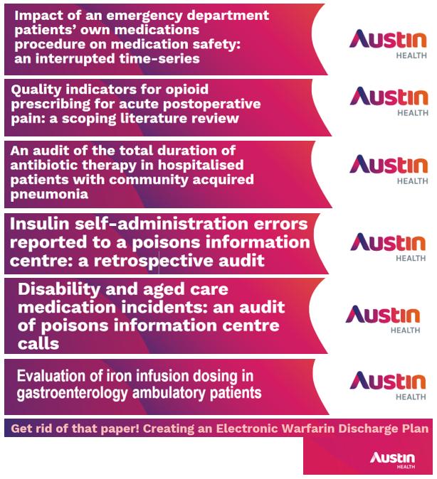 Austin_HealthRx's tweet photo. We are looking forward to showcasing some of our research at #MM2022SHPA later this week. Here is a selection of what will be presented. 
@Austin_Health @the_shpa #SHPAResearch https://t.co/WtgiTR0hlN