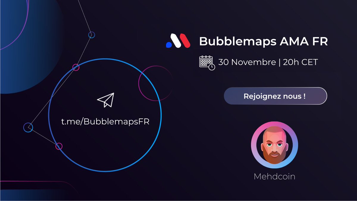mehdcoin's tweet photo. J'aurai le plaisir de vous accueillir pour un AMA @Bubblemaps en franรงais
Avec @Mehdcoin & @DonbmCameron ๐ฅณ
๐น Actualitรฉ #Bubblemaps ๐ฒ๐น ๐ฆ๐ถ
๐น Questions/rรฉponses ๐
๐น Giveaway (10 gagnants en #moonlighttoken) ๐
๐ Mercredi 30/11 ร 20h
๐ https://t.co/F9Bcwo85Ja https://t.co/ozGViyDrTp