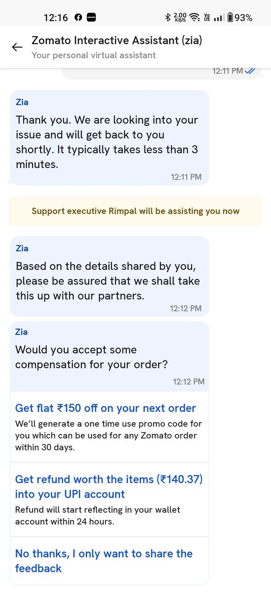 mayank41667's tweet photo. @zomatocare I paid 280rs for an order and in exchange for that you guys are just ready to refund only the half amount. What nonsense is this? I want a full refund. If that is not possible please do not operate a company, kindly continue managing a meme page. https://t.co/NYwSXPb4R8