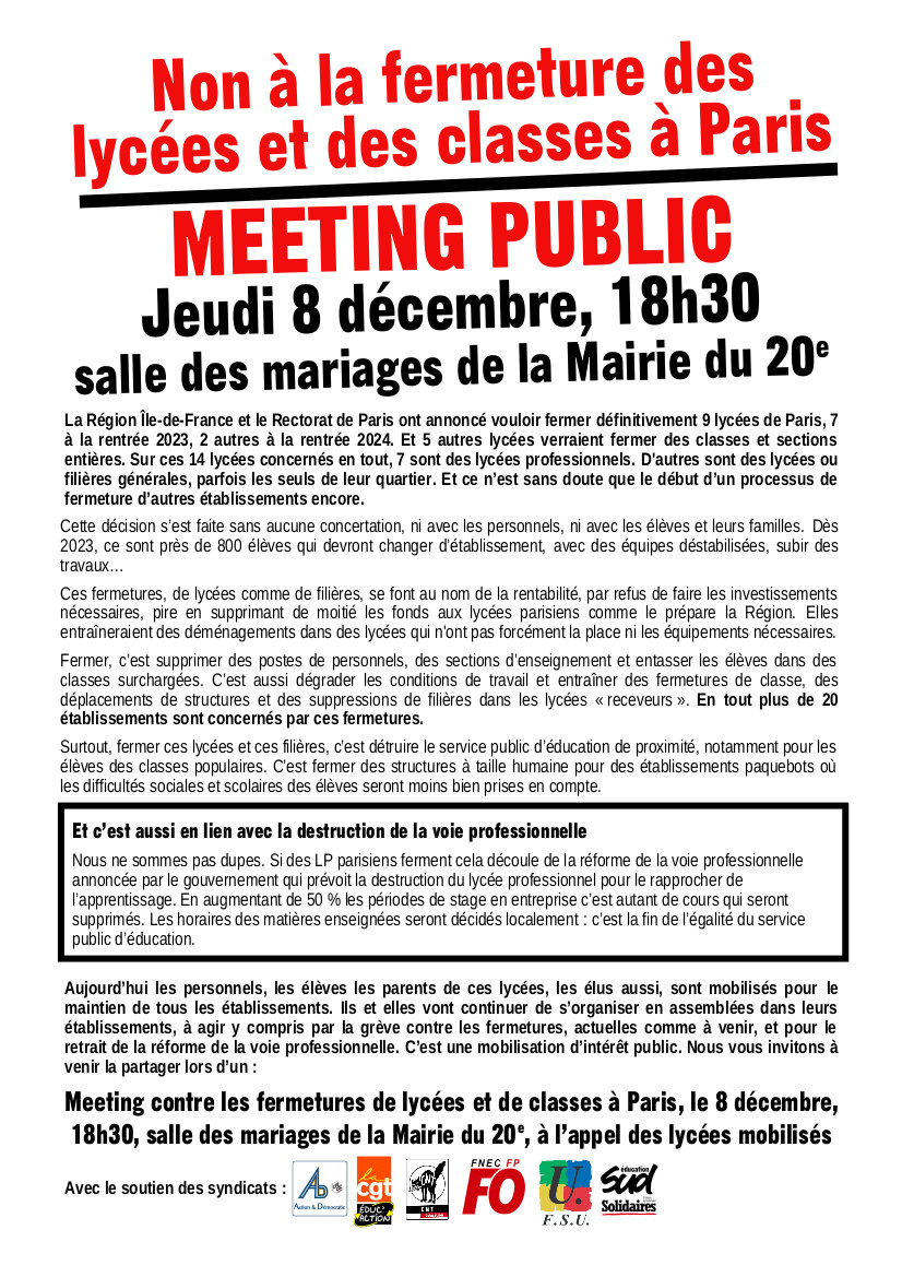 sudeducparis's tweet photo. 🚧 Meeting public contre la fermeture des lycées et des classes à Paris, jeudi 8 décembre à 18h30, salle des mariages de la Mairie du 20e, à l'appel des lycées mobilisés #NonAuxFermeturesdeLycees 

👉 https://t.co/FOCY69UAPt https://t.co/bSQYMJne8A