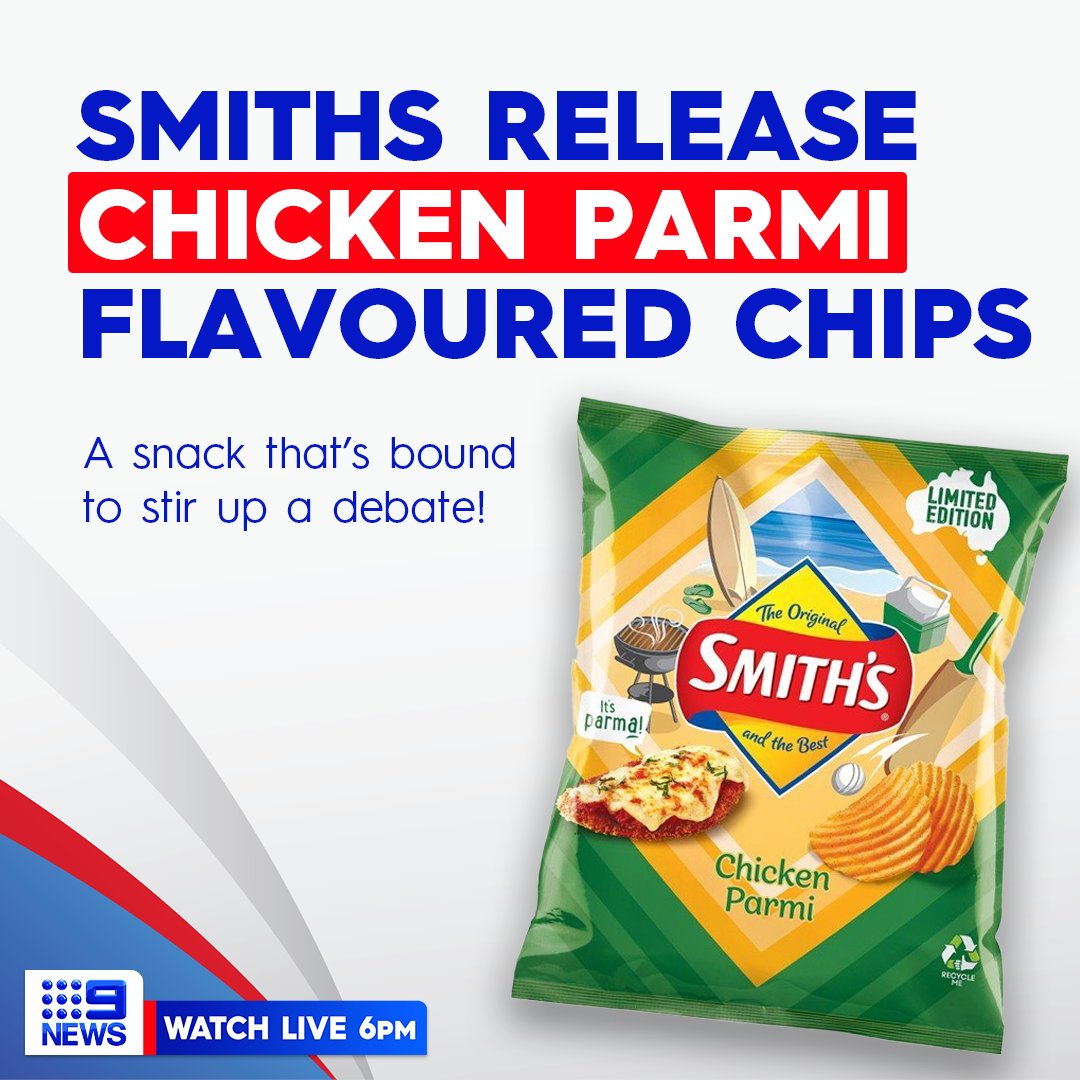 9NewsPerth's tweet photo. Smiths has combined its iconic potato chips with a beloved Aussie pub-grub staple.
Taking a side in the longstanding #TeamParmi or #TeamParma debate, the limited edition ‘Chicken Parmi’ chips are the latest flavour combo to pop up on supermarket shelves. #9News https://t.co/S1Pxpth0tD