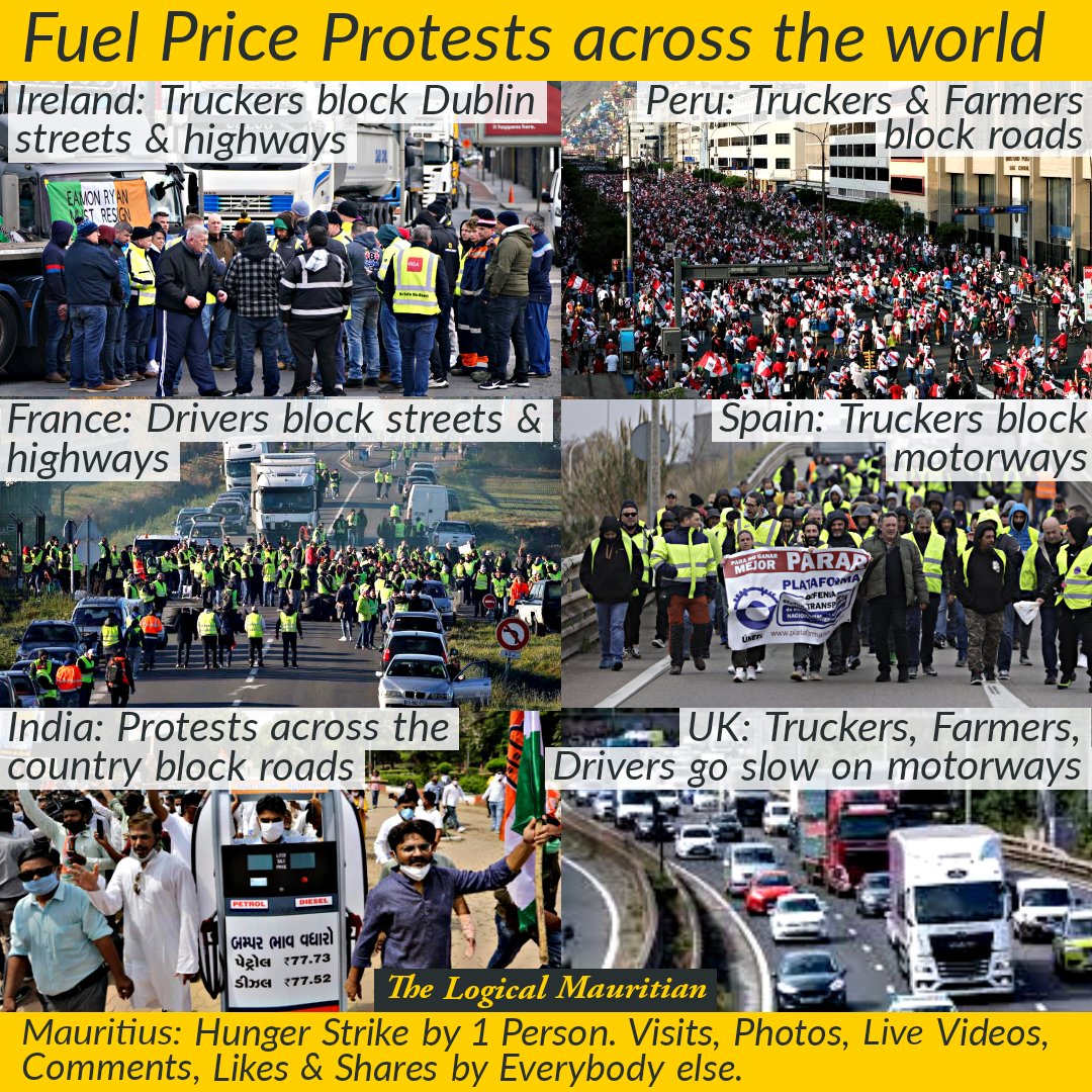 People in several countries have been protesting this year against high #Fuel prices. Roads &amp; highways blocked, trucks not delivering goods, farmers not delivering foods etc.
This resulted in several Governments lowering #Fuelprices.
Meanwhile, #Mauritius:
#TheLogicalMauritian