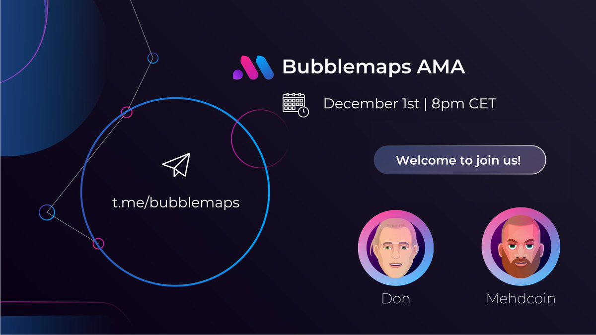 mehdcoin's tweet photo. Bubblemaps AMA ๐ง
Join us on Thursday for an AMA with @DonbmCameron and @mehdcoin
๐น Latest news of the project ๐ฒ๐น๐ฆ๐ถ
๐น Questions and Answers ๐
๐น Giveaways (10 winners in #moonlighttoken) ๐
Don't miss it! โฐ
๐ December 1st, 8pm CET
๐ https://t.co/8AdelXi37S https://t.co/12yFycCRWo