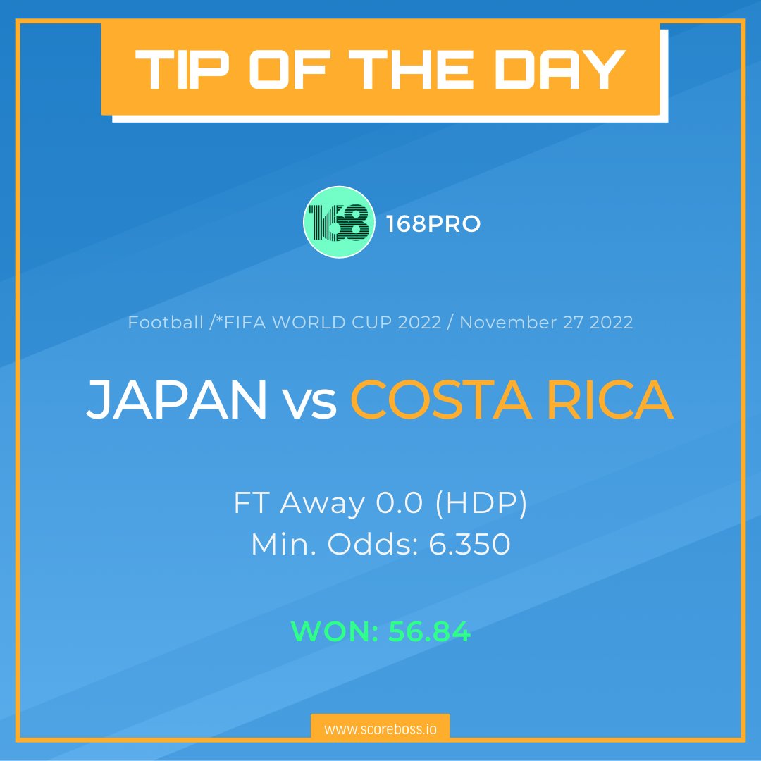 ScoreBoss_EN's tweet photo. 🇯🇵  Japan🆚Costa Rica 🇨🇷 

🌐https://t.co/7MHvxj2pvo

Tipster Profile: 🌐https://t.co/hIdeUr0gtV

Join us to get FREE daily tips from our experts!

🌐https://t.co/LonaxRzGrV

#ScoreBoss
#QatarWorldCup2022 
#FIFAWorldCupQatar2022 https://t.co/3I1ku7vyzB