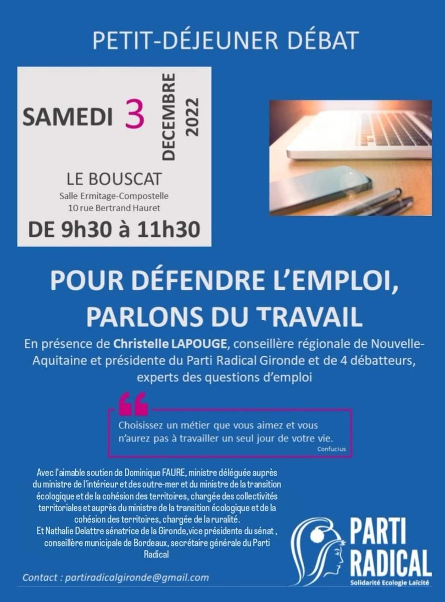 ✅ Au cœur de l’actualité, nous vous invitons à venir débattre samedi matin sur les difficultés que rencontre le marché de l’emploi et l’avenir de la valeur travail. Une rencontre organisée par le <a href="/PartiRadical33/">Parti Radical Gironde 🇨🇵🇪🇺</a>, en présence d’experts et de nombreux partenaires. Venez nombreux !
