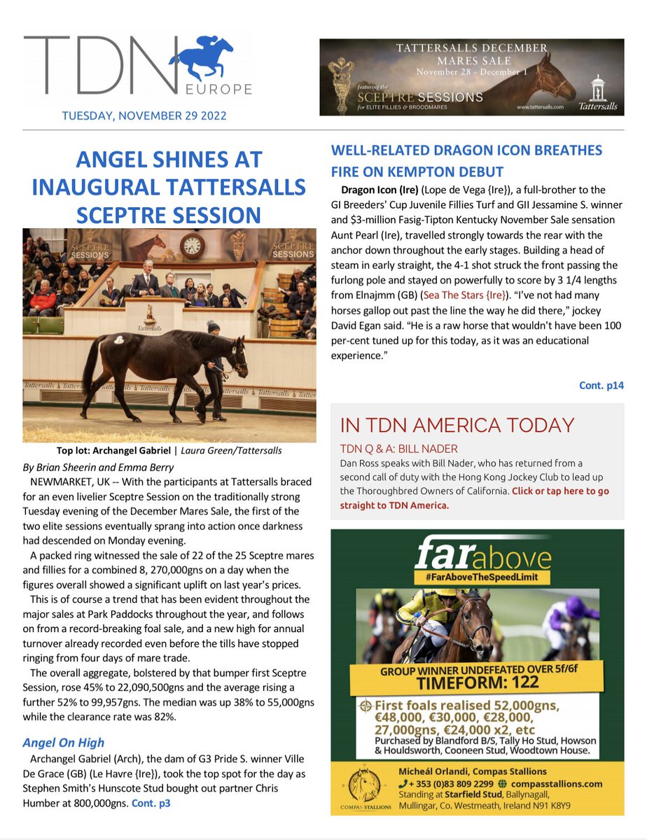 Today’s TDN 
🖌Emma Berry and Brian Sheerin report from the Tattersalls December Mare Sale where the first Sceptre Session helped the day’s figures rise significantly 
🖌Aunt Pearl’s full-brother impressed at Kempton on debut and more 
Read now - thoroughbreddailynews.com/pdf/tdn/tdn221…