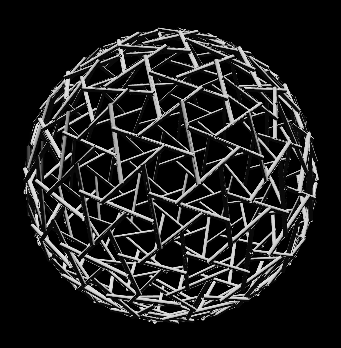 I'm rewriting my TypeScript #tensegrity code in #rustlang, and my test just generated a tensegrity sphere with 300,000 elements in one second! (That's a gargantuan version of the itsy bitsy one you see here with a mere 270 elements)