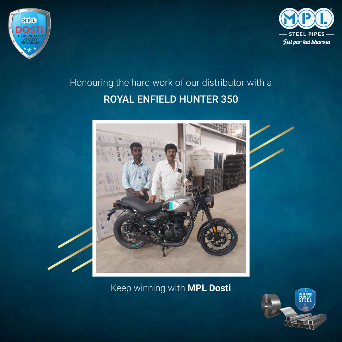 MPLGroup2's tweet photo. It gives us great pleasure to announce that a Royal Enfield Hunter 350 has been given to one of our distributors as part of the MPL Dosti scheme. Even you can win exciting gifts and prizes. Download the MPL Dosti app now.
#mplsteelpipes #MPLDosti https://t.co/Gdxz1CwdpR