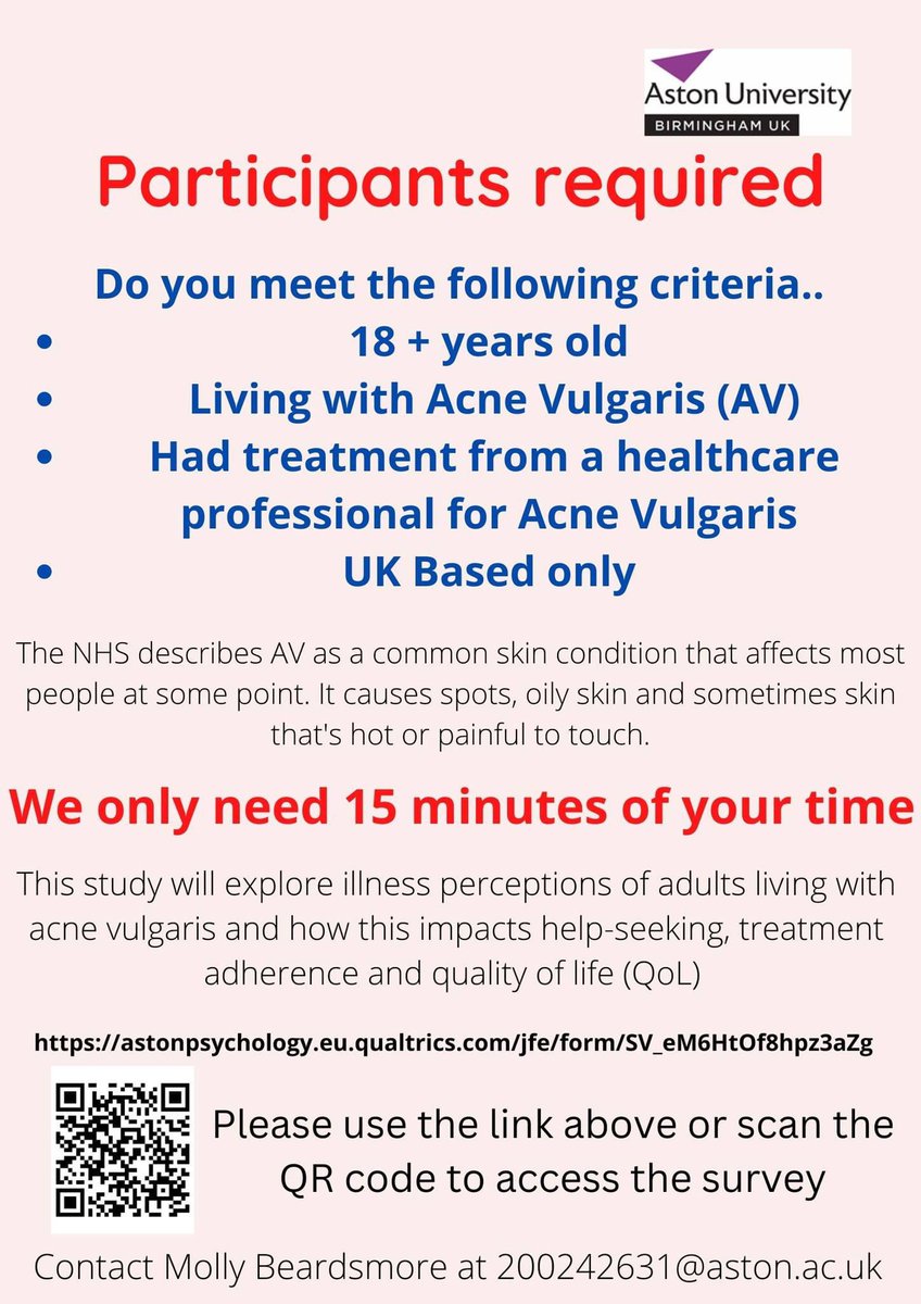 Molly Beardsmore (@molly_psych) on Twitter photo Do you have adult acne? Please consider completing this short questionnaire #MastersResearch #Acne I am looking for 59 more participants to reach my 2️⃣0️⃣0️⃣ goal. #Dermatology #AcneVulgaris <a href="/_BDNG/">British Dermatological Nursing Group</a> <a href="/SkinCareCymru/">Skin Care Cymru</a> <a href="/UK_DCTN/">Dermatology_UKDCTN</a> <a href="/PsychoDermUK/">PsychodermatologyUK</a> astonpsychology.eu.qualtrics.com/jfe/form/SV_eM… Do you have adult acne? Please consider completing this short questionnaire #MastersResearch #Acne I am looking for 59 more participants to reach my 2️⃣0️⃣0️⃣ goal. #Dermatology #AcneVulgaris <a href="/_BDNG/">British Dermatological Nursing Group</a> <a href="/SkinCareCymru/">Skin Care Cymru</a> <a href="/UK_DCTN/">Dermatology_UKDCTN</a> <a href="/PsychoDermUK/">PsychodermatologyUK</a> astonpsychology.eu.qualtrics.com/jfe/form/SV_eM…