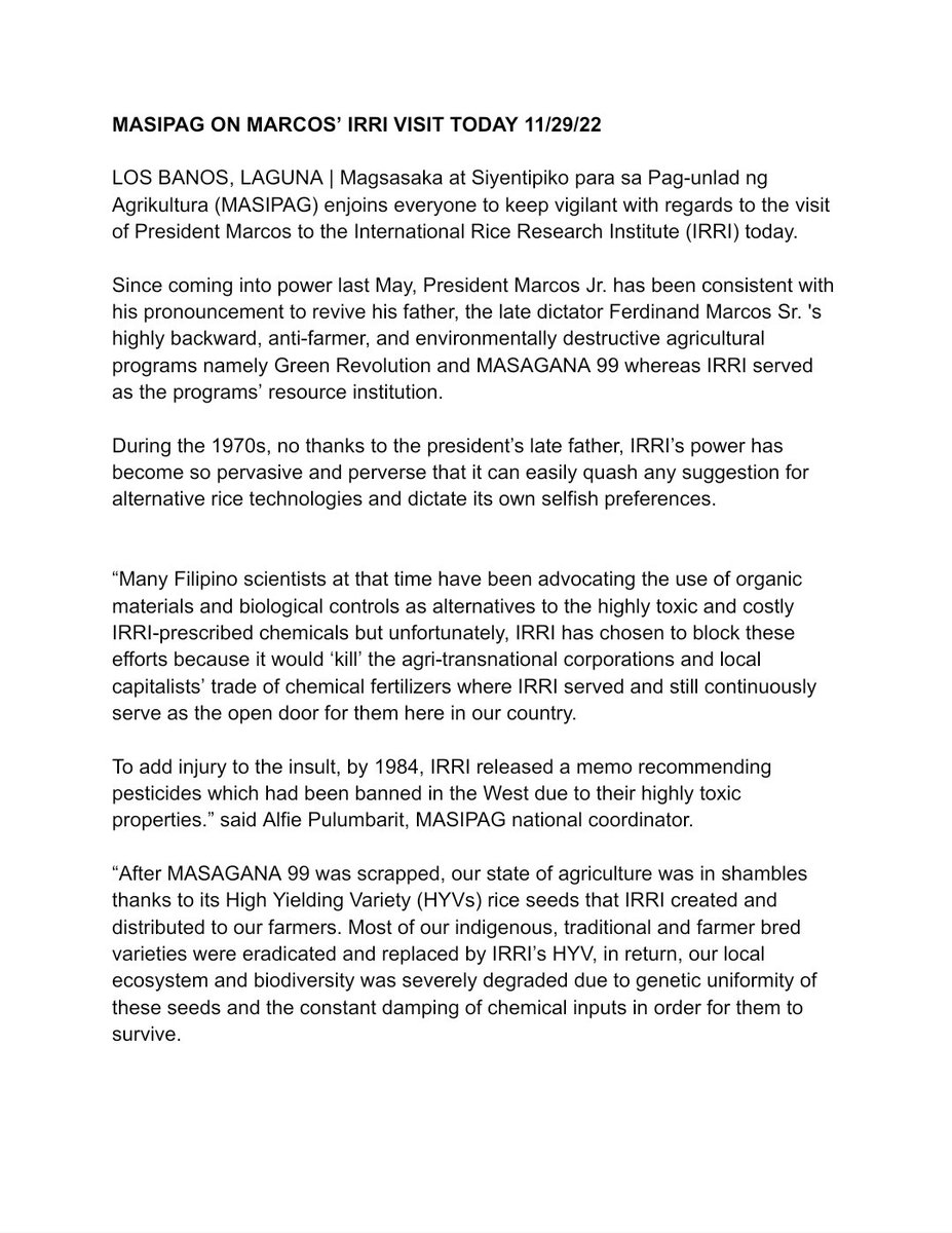 MASIPAGFarmers's tweet photo. PRESS RELEASE | MASIPAG ON MARCO'S IRRI VISIT

Collaborating once again with IRRI to address the food crisis is the equivalent of historical revisionism of the structural crimes committed by IRRI and Marcos Sr. to the Filipino people when they implemented MASAGANA 99

READ: https://t.co/IQbWlSZ3lw