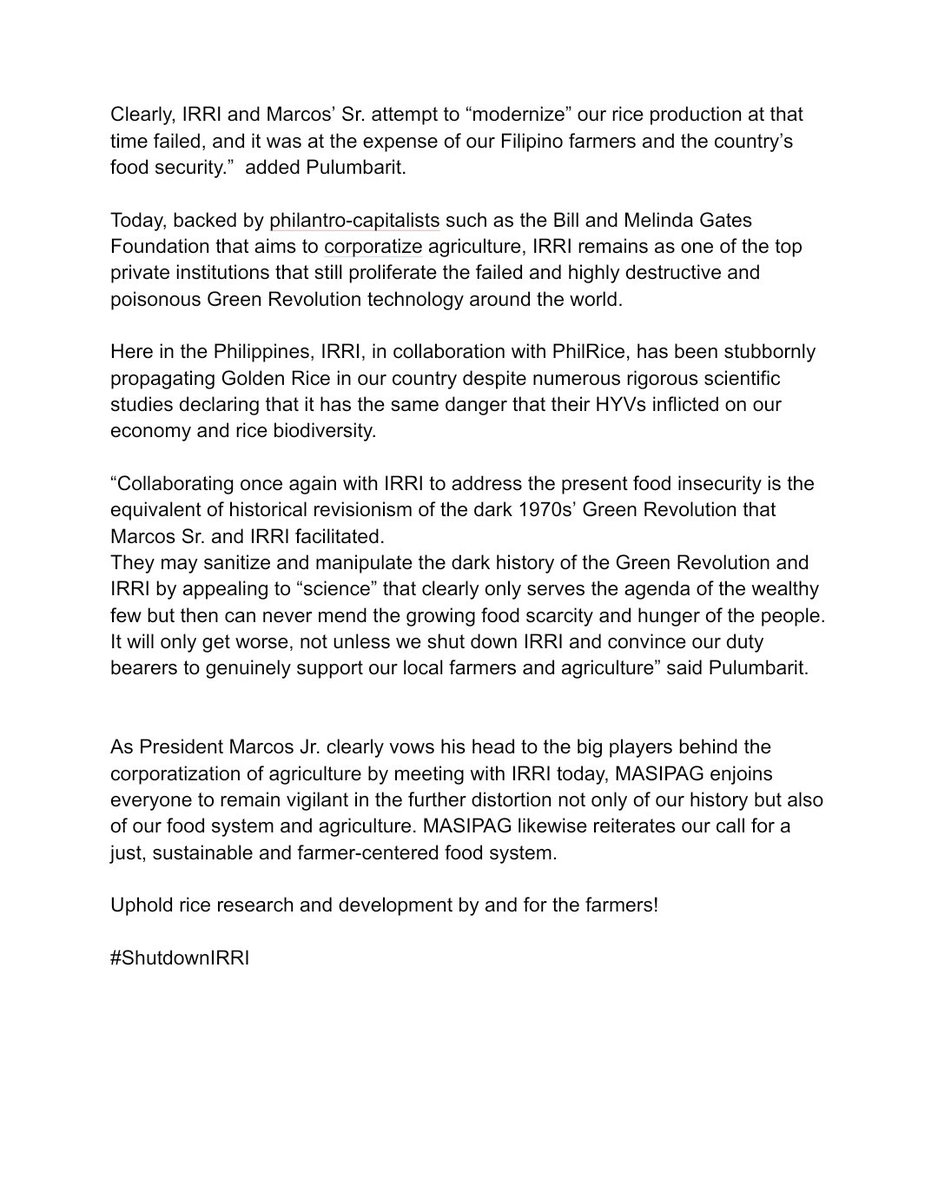 MASIPAGFarmers's tweet photo. PRESS RELEASE | MASIPAG ON MARCO'S IRRI VISIT

Collaborating once again with IRRI to address the food crisis is the equivalent of historical revisionism of the structural crimes committed by IRRI and Marcos Sr. to the Filipino people when they implemented MASAGANA 99

READ: https://t.co/IQbWlSZ3lw