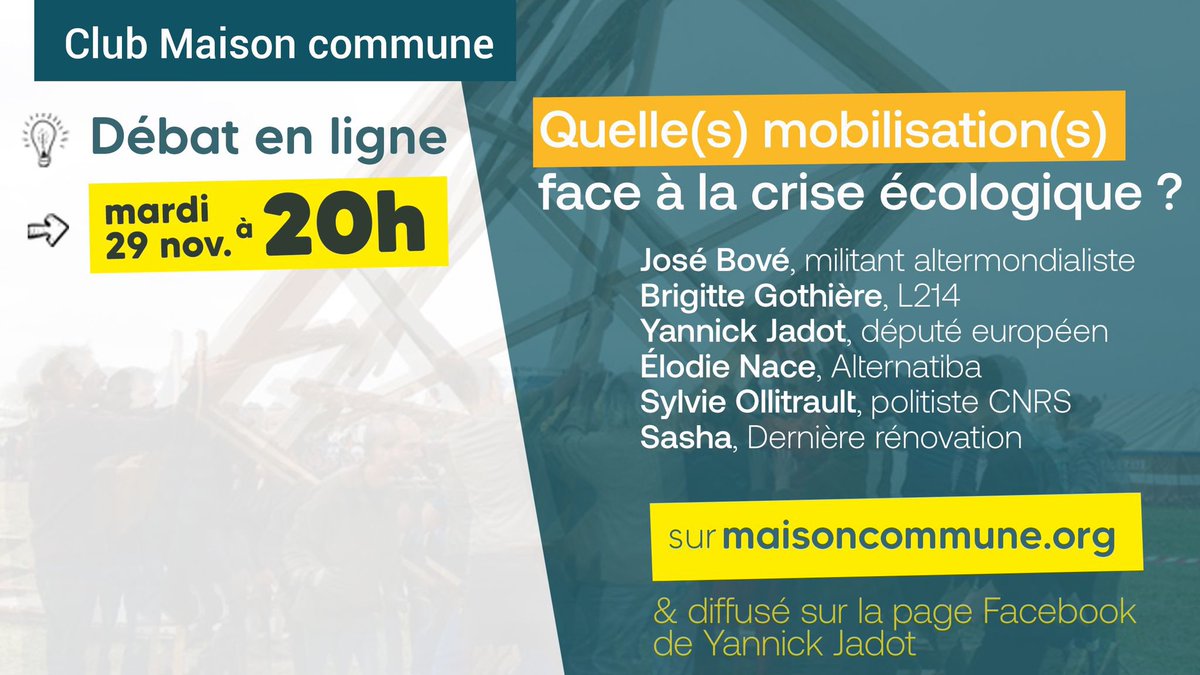 Après les affrontements de Sainte Soline et les actions dans les musées, quelle(s) mobilisation(s) face à la crise écologique ? 
➡️ Débat ce soir à 20:00 avec <a href="/Alternatiba_/">Alternatiba</a>, @derniere_renov, <a href="/L214/">L214 éthique & animaux</a>, <a href="/SylvieOllitrau1/">Sylvie Ollitrault</a>, José Bové et <a href="/yjadot/">Yannick Jadot</a> sur maisoncommune.org