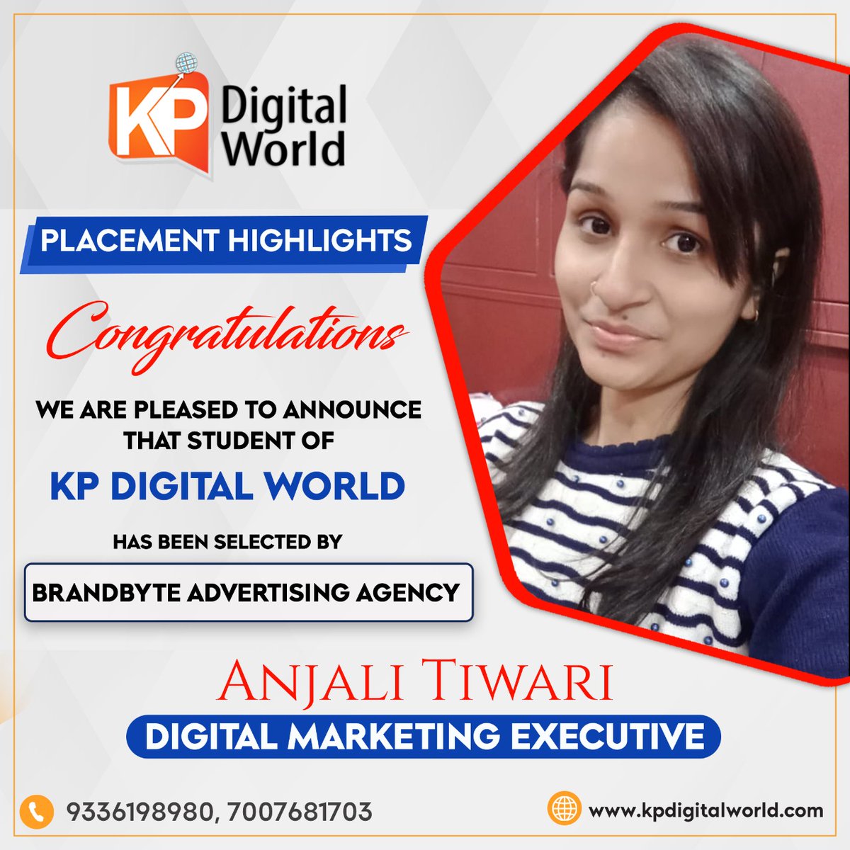 KPDIGITALWORLD's tweet photo. Our Placement Highlights
Congratulations to Anjali Tiwari 🎉 For The New Job! 🏅

#workshop #digitmarketing #youtubemarketing #digitmarketingworkshop #placement #picoftheday #digitalmarketingexecutive #learnandearn #freelancing #kpdigitalworld #kanpurjob https://t.co/IGAWElUVDc
