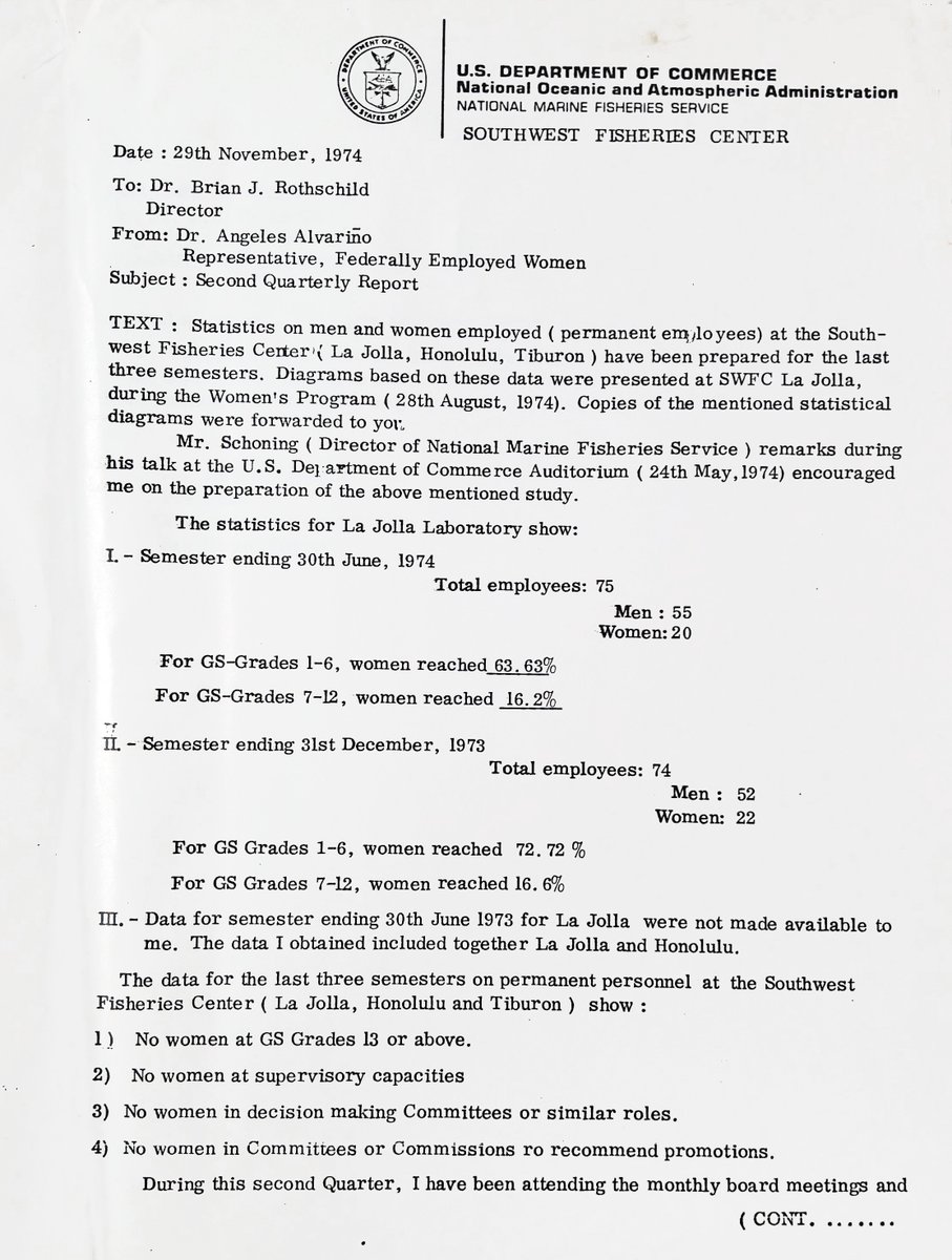 fraga_tino's tweet photo. O 29 de novembro de 1974, hai 48 anos, a destacada bióloga mariña Ángeles Alvariño escribiulle a Brian J. Rothschild, responsable do Laboratorio de La Jolla da #SWFSC, @NOAAFisheries, trasladándolle interesante información sobre a discriminación das mulleres nese Laboratorio https://t.co/gdFI6o55fo