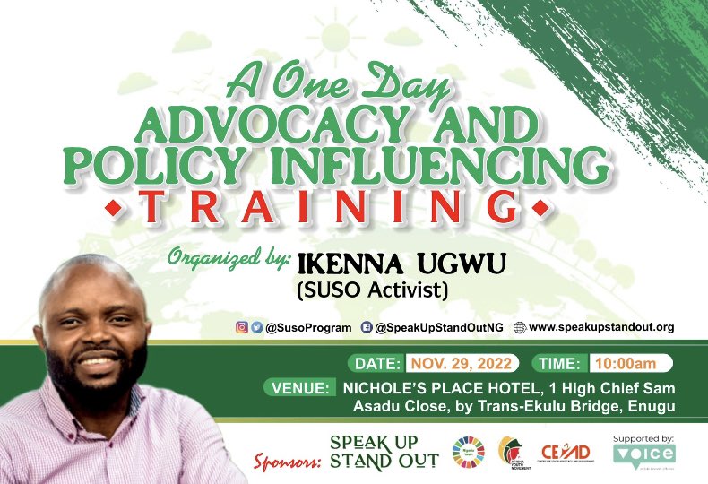 Join our advocacy and policy training 10am today, 29th November 2022, facilitated by #SpeakUpStandOutNG  @Drevscourt IKENNA UGWU at NICHOLE'S PLACE HOTEL, 1 High Chief Sam Asadu Close, by Trans-Ekulu Bridge, Enugu.

Inquiries: +234 806 535 3686

Powered by <a href="/voicetweetz/">Voice</a> 
#advocacy