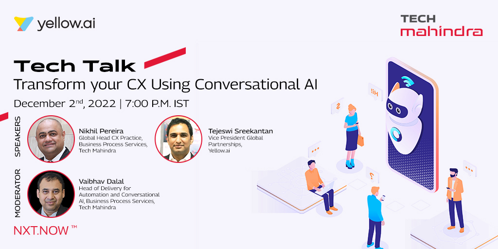 tech_mahindra's tweet photo. Explore the benefits of #ConversationalAI in #retail from industry experts Tejeswi Sreekantan, https://t.co/rTZIQ0LmrW, Nikhil Pereira &amp; Vaibhav Dalal, @Tech_Mahindra as they share their views, LIVE!

Register: https://t.co/OkyiZhJ5XH

#CustomerExperience #Automation #TechMlive https://t.co/MESEbGV2q2