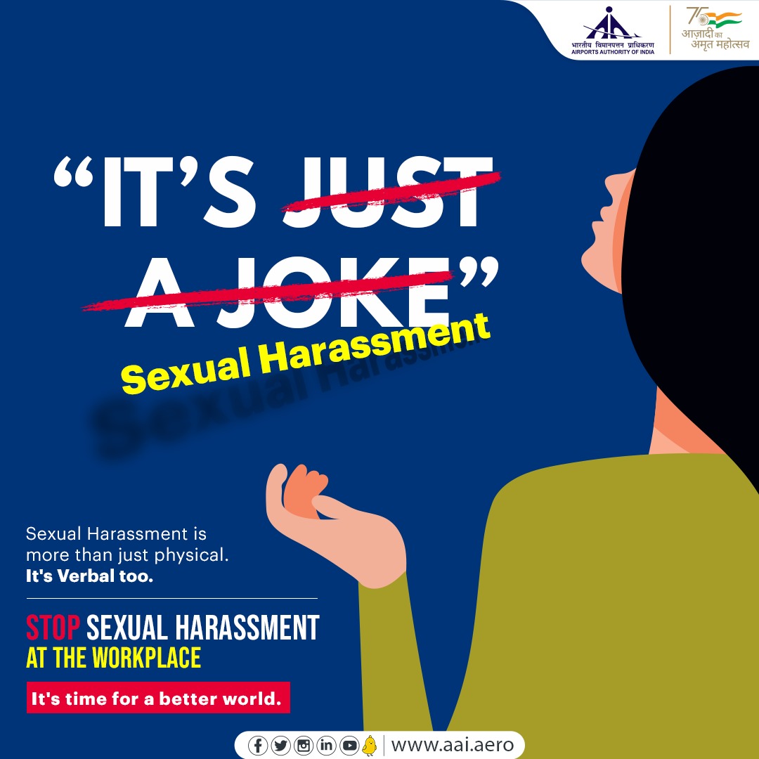 AAI_Official's tweet photo. Making sexual comments about a woman's body, and asking about sexual fantasies, preferences or history all come under #SexualHaressment. Let’s join hands to STOP Sexual Harassment of Women at Workplace.
@MinistryWCD https://t.co/9oRl7ex2ft