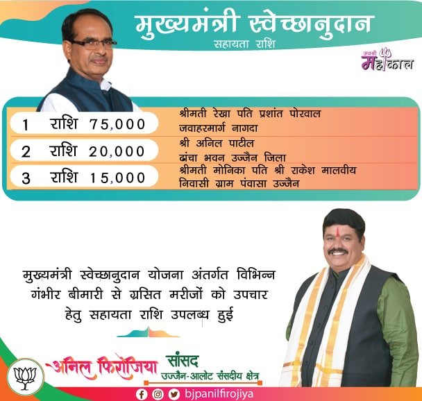 bjpanilfirojiya's tweet photo. मुख्यमंत्री स्वेच्छानुदान योजना अंतर्गत विभिन्न गंभीर बीमारी से ग्रसित मरीजों को उपचार हेतु सहायता राशि उपलब्ध हुई!...
@CMMadhyaPradesh @ChouhanShivraj

@BJP4India @BJP4MP @JansamparkMP  @PMOIndia https://t.co/Xw3GMKsUQs