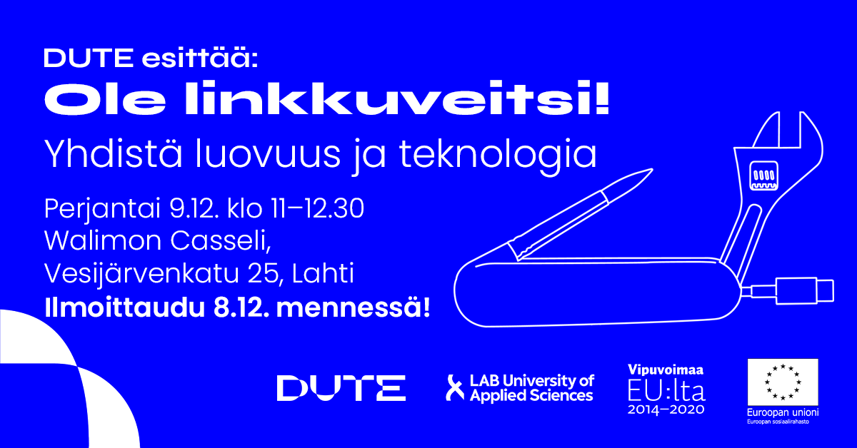Ole linkkuveitsi - yhdistä luovuus ja teknologia
Tervetuloa mukaan kuulemaan miten ruokitaan luovuutta ja viedään ideat käytäntöön. Perjantaipajassa Jonne Valola kertoo, miksei ajattelua kannata lokeroida. Ilmoittaudu viimeistään 8.12. mennessä: eventbrite.com/e/ole-linkkuve…