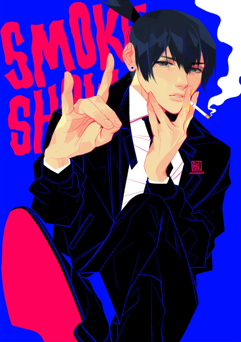 hayakawa aki fox shadow puppet cigarette 1boy black hair suit smoking formal  illustration images