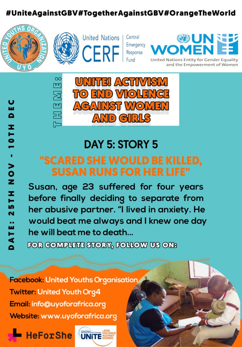 UnitedYouthOrg4's tweet photo. Success Story 5, Day 5 of 16Days activism against GBV. @UN_Women @UNCERF @ArletteMvondo. Susan scared she would be killed , run for her life from abusive relationship ..... For complate story visit our face book page https://t.co/yS7FnNXKdi. 
#UniteAgainstGBV
#UNWomen
#UNCERF https://t.co/gyrBywgcDM