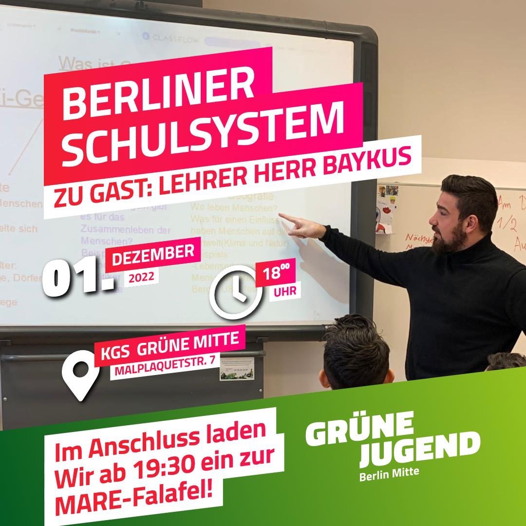 gj_mitte's tweet photo. Am Donnerstag in unserem AT haben wir Herrn Baykus zu Besuch. Er ist Lehrer an einer Grundschule in Mitte und spricht mit uns über Probleme, die er in Schulen sieht.
Im Anschluss gibt es ein knusprig-krosses MARE*- Falafel, auf die wir alle MARE einladen möchten um 19.30 Uhr. https://t.co/UGFnIia1pN