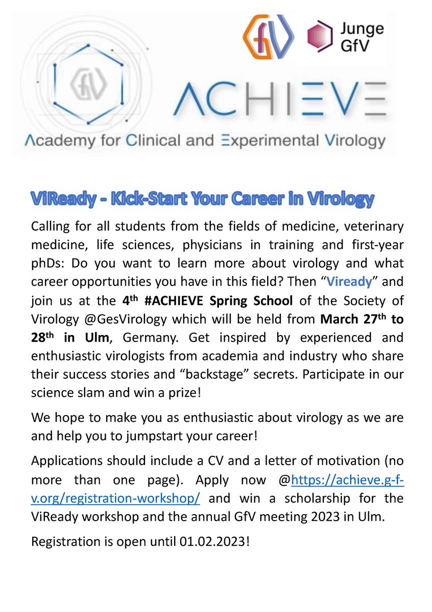 GfV - Gesellschaft für Virologie (@gesvirologie) on Twitter photo News from the #jGfV:
Do you want to learn more about virology and what career opportunities you have in this field? Then “Viready” and
join us at the 4th #ACHIEVE Spring School of <a href="/GesVirologie/">GfV - Gesellschaft für Virologie</a> which will be held from March 27th to
28th in Ulm, Germany.
(HMB) News from the #jGfV:
Do you want to learn more about virology and what career opportunities you have in this field? Then “Viready” and
join us at the 4th #ACHIEVE Spring School of <a href="/GesVirologie/">GfV - Gesellschaft für Virologie</a> which will be held from March 27th to
28th in Ulm, Germany.
(HMB)