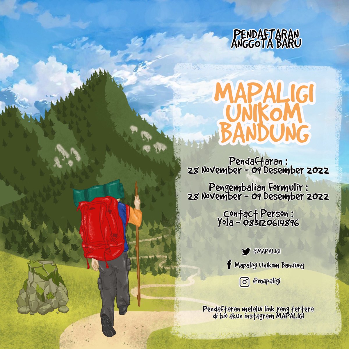 Salam lestari!

Pada kesempatan kali ini kami kembali membuka penerimaan anggota baru Mapaligi. periode pendaftaran dan pengembalian formulir dimulai 28 November - 09 Desember 2022. 

Tertap berbagi! Tetap berkarya!
MAPALIGI !!!

#mapaligi #mapaligiunikom #mapaligiactivity