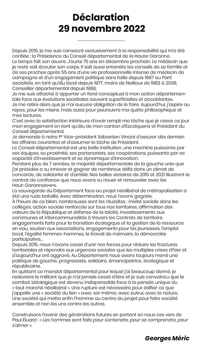 Aujourd’hui est un moment important pour moi.
J’ai fait le choix de mettre un terme à mon mandat d’élu du canton d’Escalquens et de Président du Conseil départemental.
Retrouvez ci-dessous ⤵️ ma déclaration.