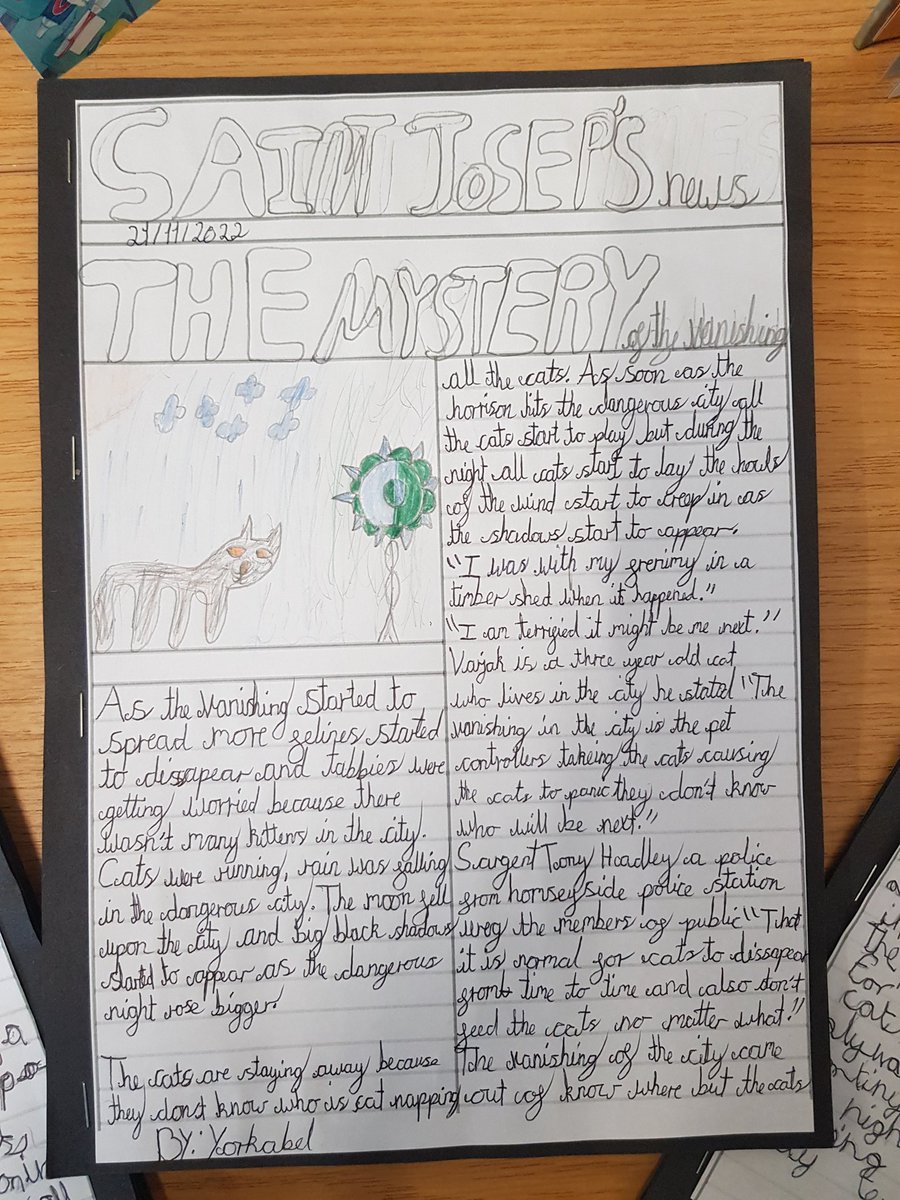 SaintJosephsSE1's tweet photo. Year 4 been has been reading Varjak Paw in English this term. We have enjoyed following Varjak on his journey. Writing and publishing our newspaper articles available in our class library. https://t.co/CTHH537qPM