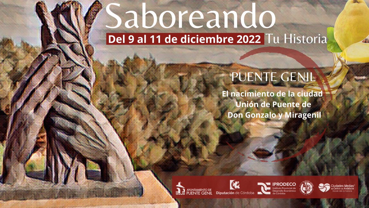 CiudadesMedias's tweet photo. Del 9 al 11 de diciembre celebra "Saboreando Tu Historia" en #PuenteGenil con muchas actividades.😊
Disfruta de la #gastronomía, #museo, #recreaciones, #MúsicaEnVivo, #showcooking, #multiaventuras,etc.😍➡️Info e inscripciones: https://t.co/wP2aKLXQo4 https://t.co/oYDdSAwkAD