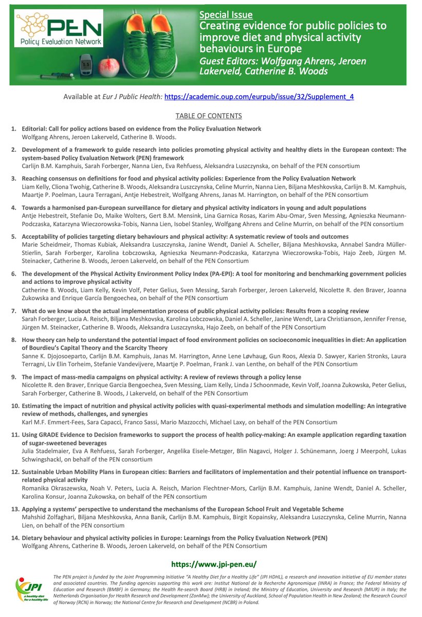 Great to see the <a href="/PEN_EU1/">Policy Evaluation Network (PEN)</a> Special Issue <a href="/EUPHActs/">EUPHA</a> Journal out today. Packed with evidence, reflections and concrete calls for action towards better policies addressing unhealthy dietary behaviours and physical inactivity.

academic.oup.com/eurpub/issue/3…

Well done to all involved 👏👏