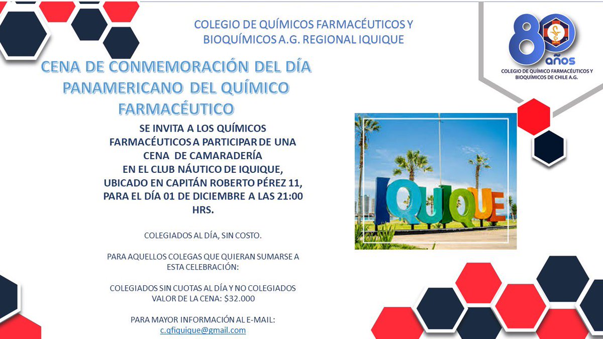 QfIqq's tweet photo. Invitación a los Químicos Farmacéuticos de #Tarapaca en la celebración del Día Panamericano del Químico Farmacéutico a celebrarse el 1 de Diciembre. https://t.co/IkRFs2Xrsa