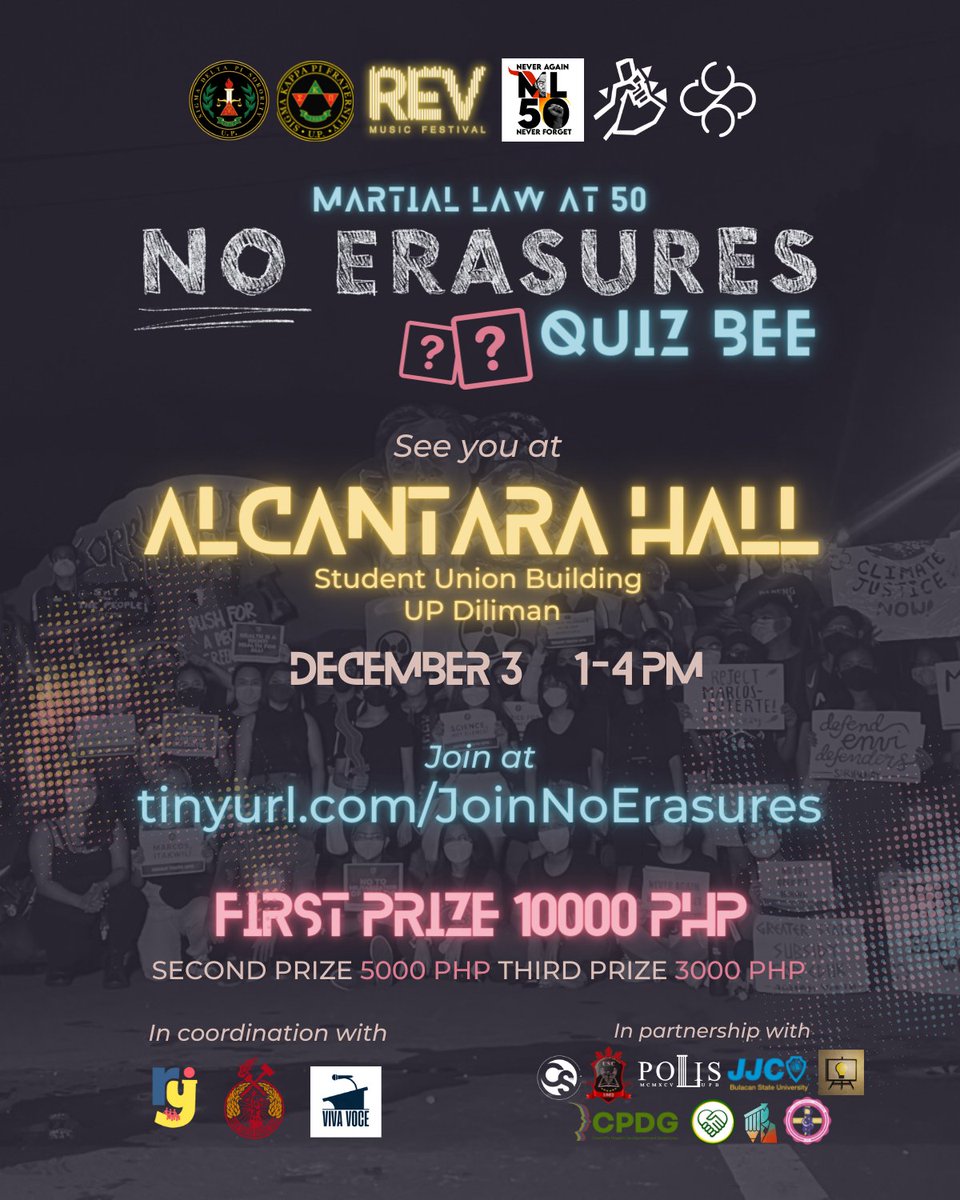 SEE YOU AT ALCANTARA HALL! 

NO ERASURES will be held at Alcantara Hall, Student Union Building at UP Diliman on December 3, 1-4 PM.

Join now at tinyurl.com/JoinNoErasures! Now open to HIGH SCHOOL and COLLEGE students!

#NoErasures
#ML50