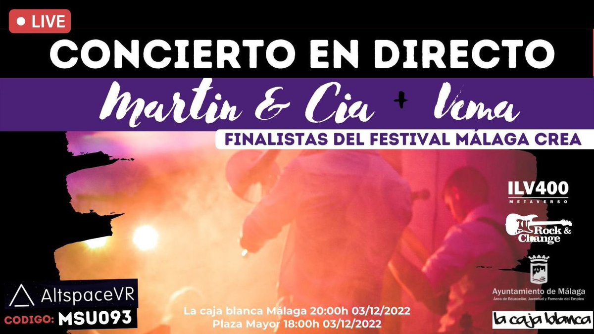 eGamesVR (@egamesvr) on Twitter photo ‼️Este sabado los amigos de ILV400 y Rock & Change organizan en la Mobile Week Malaga un concierto en directo, con la actuación dos bandas finalistas del festival Málaga Crea que se emitirá desde el centro cultural <a href="/cajablancama/">La Caja Blanca</a> y lo podréis disfrutar en el metaverso‼️
#music #VR ‼️Este sabado los amigos de ILV400 y Rock & Change organizan en la Mobile Week Malaga un concierto en directo, con la actuación dos bandas finalistas del festival Málaga Crea que se emitirá desde el centro cultural <a href="/cajablancama/">La Caja Blanca</a> y lo podréis disfrutar en el metaverso‼️
#music #VR