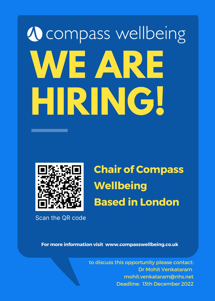 CompassWB's tweet photo. We are recruiting to The Chair of @CompassWB, if you are interested in this opportunity please get in touch or visit https://t.co/58Wsw2wtje @MohitVenkataram @NHS_ELFT #chair #recruitment https://t.co/JONUSHdE8e