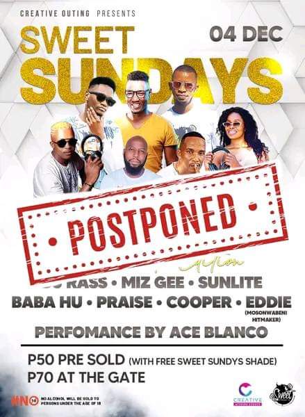 Due to the tragic accident that have sadly  affected our family, friends and Ghanzi Community at large, we have decided to postpone Sweet Sundays.
New dates will be announced soon.

Thank you
