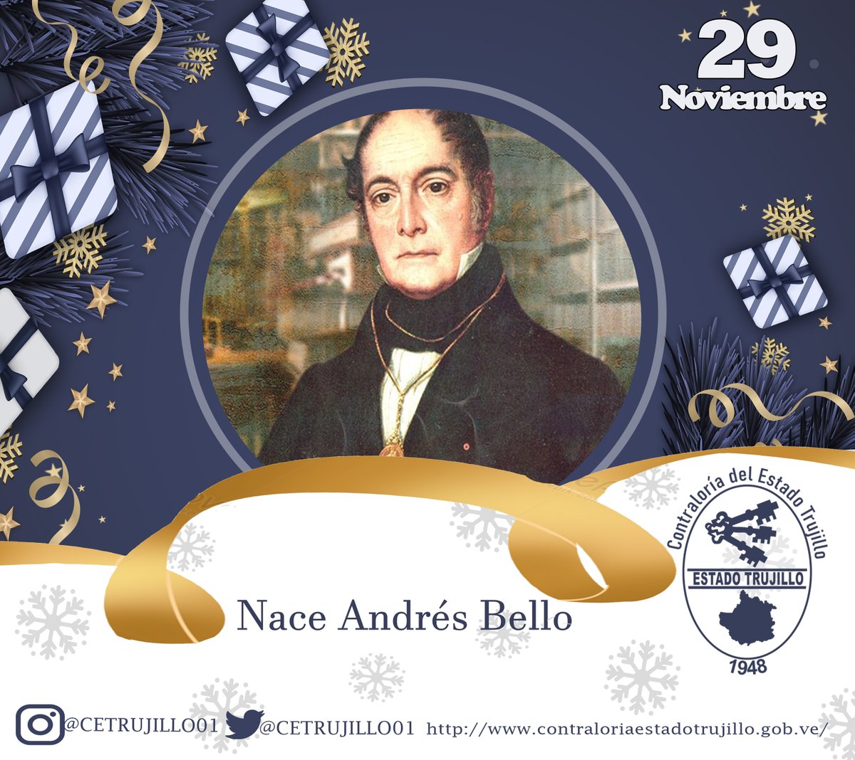 CETrujillo01's tweet photo. #29DeNov de 1781 nació en Caracas Andrés Bello, el más grande y célebre de nuestros humanistas. Poeta, educador, filósofo y jurista, fue maestro del Libertador y participó en el proceso revolucionario que llevaría a la Independencia de Venezuela. @CGRVenezuela https://t.co/tUfdzOXxOn