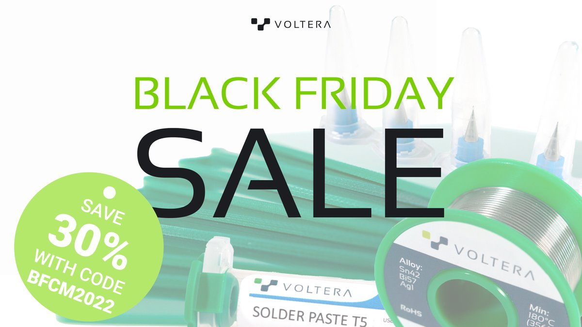 voltera_io's tweet photo. LAST CHANCE TO SAVE! Use promo code BFCM2022 for 30% off V-One nozzles, substrates, solder paste, and solder wire until 12 am PST.
Shop 👉 https://t.co/6UQTtB2H41
*Valid in Canada and the U.S. only.
#BlackFridaySale #CyberMonday #CircuitBoards #Voltera #VolteraVOne #PCBPrinter https://t.co/FGQJ2ONWei
