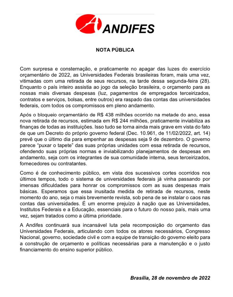 ppgcet's tweet image. Nota da Andifes sobre o mais de ente corte de verbas das universidades.