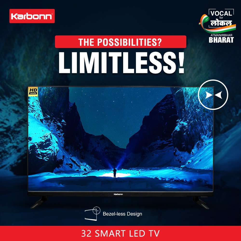 KarbonnSmart's tweet photo. Karbonn’s 32 Smart LED TV immerses you in your favourite shows. Its bezel-less design blends your entertainment with real life, giving you an exciting experience. With Karbonn, the possibilities are endless! So get yourself a 32 Smart LED TV now: https://t.co/KpKoFJI3WQ https://t.co/hpauQzBEXt
