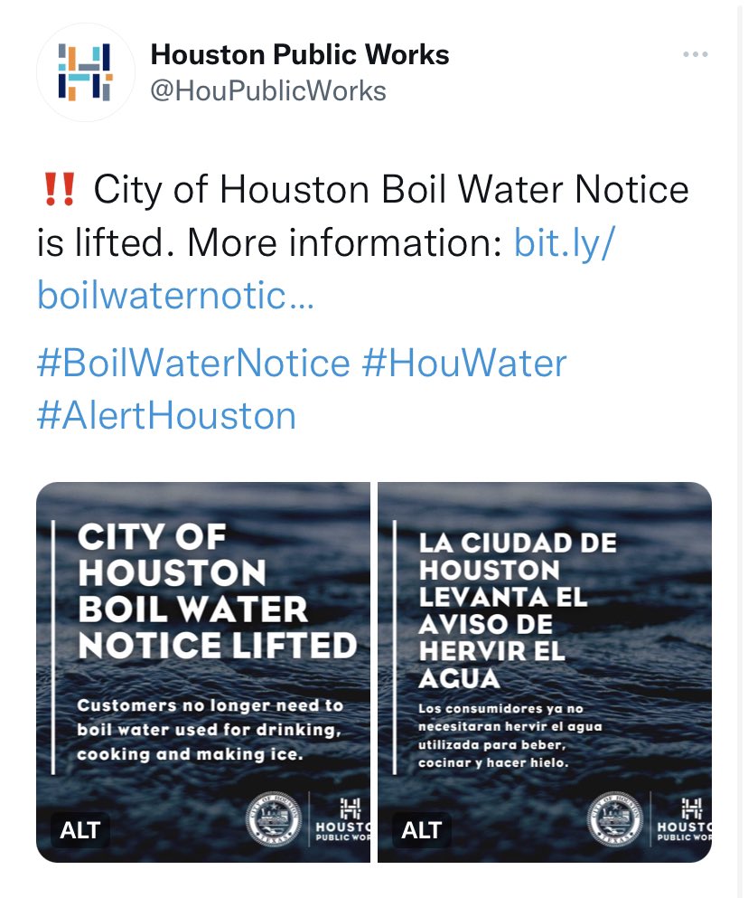 RitaABC13's tweet image. BREAKING: The #BoilWaterNotice for the City of @HoustonTX has now been rescinded. Mayor @SylvesterTurner tweeted the water is safe to drink, brush your teeth, etc. #ABC13 @abc13houston