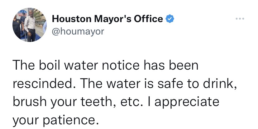 RitaABC13's tweet image. BREAKING: The #BoilWaterNotice for the City of @HoustonTX has now been rescinded. Mayor @SylvesterTurner tweeted the water is safe to drink, brush your teeth, etc. #ABC13 @abc13houston