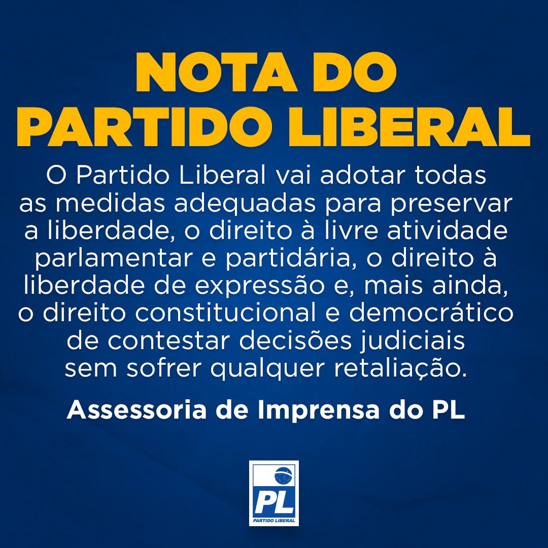 plnacional_'s tweet photo. #NotaOficial #PartidoLiberal #PL #Brasil #Liberdade #Democracia https://t.co/Y2PeG4uyRs