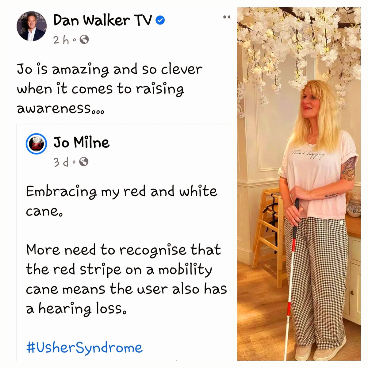 THANK YOU to @mrdanwalker for helping spread awareness. Fact: a red stripe on a person's mobility cane means they have a hearing loss too - this also applies to a guide dog's red and white chequered harness #Awareness #UsherSyndrome #MyRedStripes #CureUsher #DualSensoryLoss