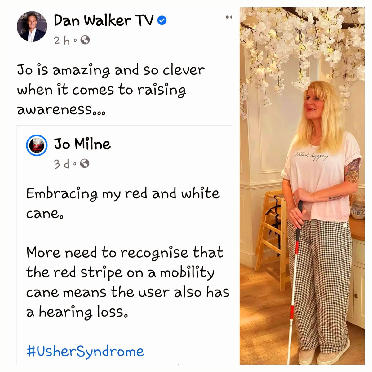 THANK YOU to <a href="/mrdanwalker/">Dan Walker</a> for helping spread awareness. Fact: a red stripe on a person's mobility cane means they have a hearing loss too - this also applies to a guide dog's red and white chequered harness
#Awareness #UsherSyndrome #MyRedStripes #CureUsher #DualSensoryLoss