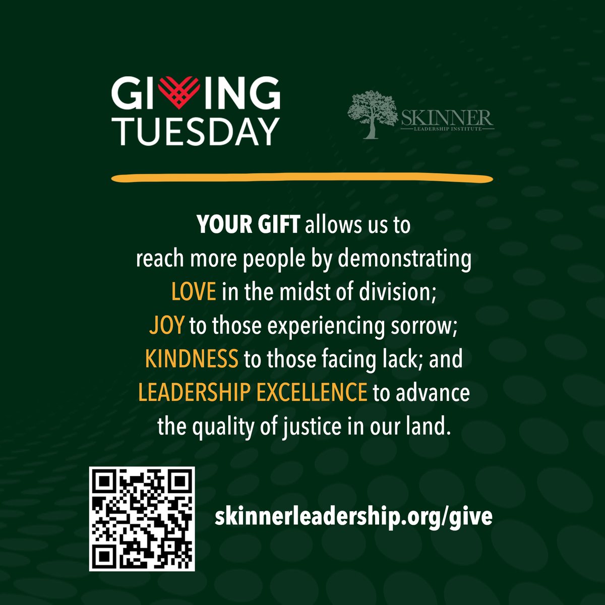 Giving Tuesday is happening now! Help us bring joy into the lives of those in great need &amp; produce a new generation of high-character LEADERS. SkinnerLeadership.org/give