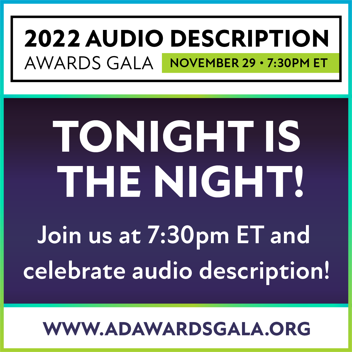acbnational's tweet image. Tonight is the night! Join us this evening for ACB’s 2022 Audio Description Awards Gala at 7:30pm ET on AdAwardsGala.org, YouTube, ACB Media 1 &amp;amp; Pluto TV. We hope you enjoy the show! #AdAwardsGala #AccessibleMediaMatters #a11y