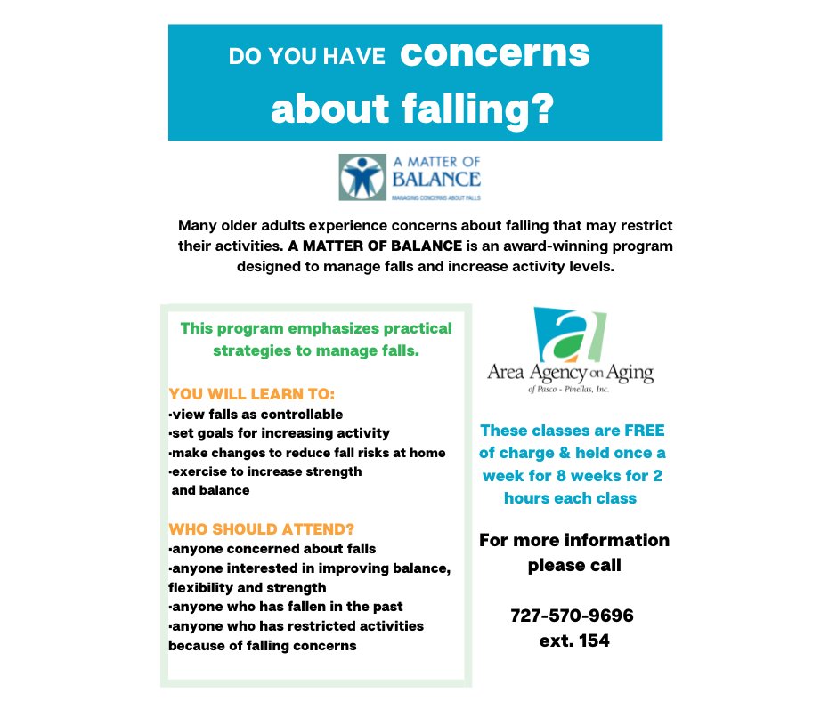 agingcarefl's tweet photo. Do you have concerns about falling? 

A Matter of Balance is an award-winning program designed to manage falls and increase activity levels! 

The program is also looking for Volunteer Coaches! 

Call 727-570-9696 x 154 for information. 

#MOB https://t.co/uhvgDEmHPe